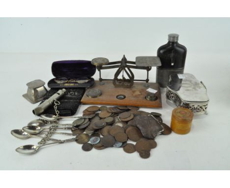 Assorted collectables,including a set of scales, a drinking flask, selection of coins, a Metropolitan Double Ended Whistle, '