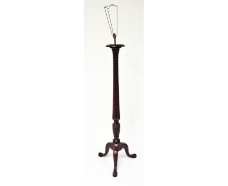 A mahogany 'bed post' standard lamp with tripod base, height (excluding fitting) 139cm