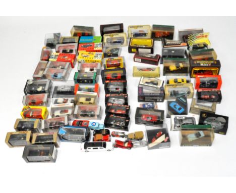 A large collection of vintage die cast vehicles, mostly 1:43 scale, spread over two boxes, including examples by Corgi and Va