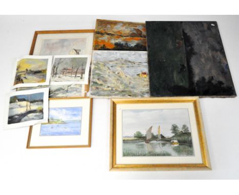 A collection of assorted pictures and paintings, comprising mostly landscapes, one being a seascape, some signed, the largest