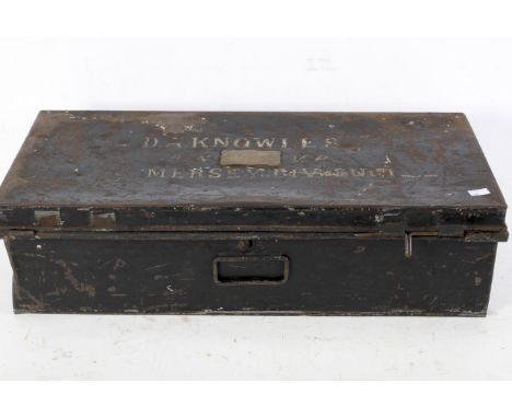 An early 20th Century Royal Naval Volunteer Reserve metal trunk, the hinged lid painted with the words 'D.A. Knowles, R.N.V.R