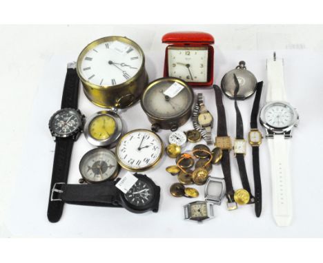 A collection of various watches and clocks, including a Tissot ladies wristwatch, a Holosteric barometer, Swiza travelling cl