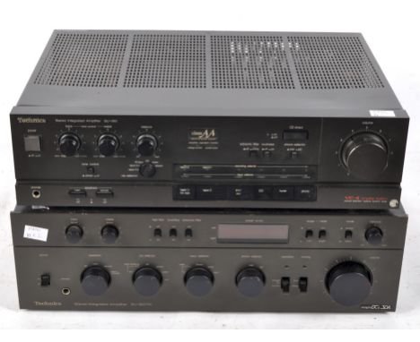 A Technics Integrated Amplifier Su-V60, serial no. FD6403A137, 43cm wide, together with a Technics Stereo Integrated Amplifie
