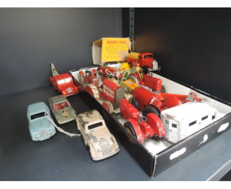 Fourteen mixed die-cast tractors, cars and machinery including Dinky, Corgi etc