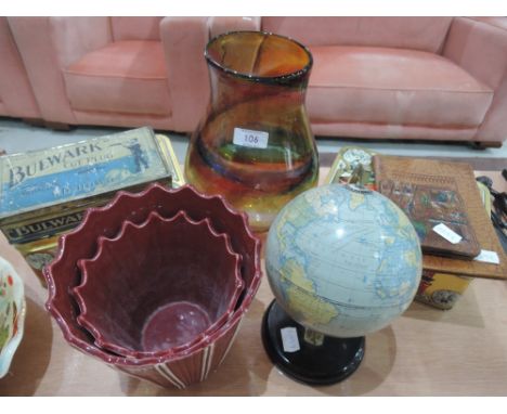 A miscellaneous selection including vintage tins, art glass vase, leather wallets etc