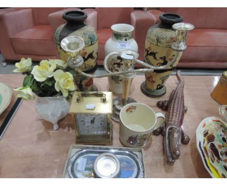 A miscellaneous selection including carriage clock, plated candelabrum and vases etc