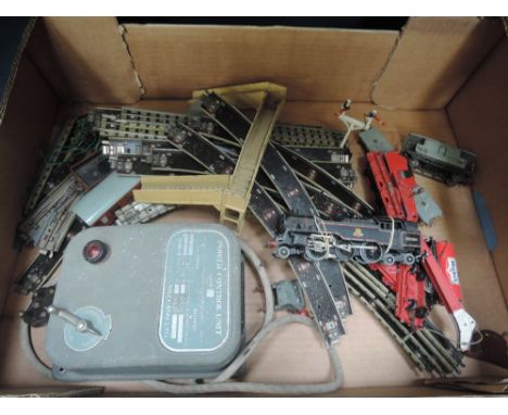 A box of Hornby Dublo OO gauge 2-6-4 tank engine, rolling stock, track, control unit etc