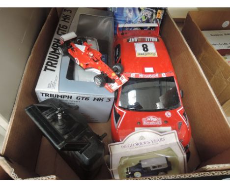 A box of mixed die-cast and radio controlled car including Mattel 