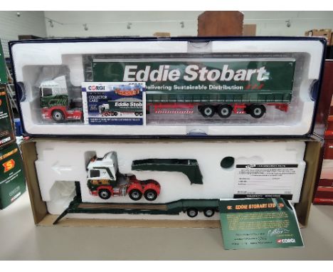Two Corgi die-cast Eddie Stobart, Scania R Super Curtainside trailer and Scania low loader, both boxed