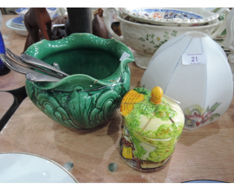 A glass light shade, Tudor bowl, honey pot and flatware