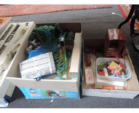 A selection of mixed toys including Tomy, Thomas The Tank Engine part set, Trian tinplate crane, Dominoes etc 