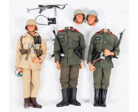 Two Action Man flock hair German Stormtoopers and an Afrika Korps Infantryman:, (two heads loose) 