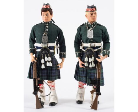 Two Action Man figures in The Argyll & Sutherland Highlanders Uniform:, one with blond painted hair the other with dark flock