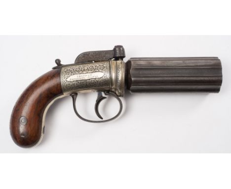 A single action six shot percussion cap pepperbox pistol by S Ebrall, Salop:, the fluted barrel with numbered chambers and pr