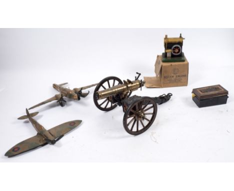 A continental diecast model Gatling gun,:  together with a scratch built model of a Spitfire and a Halifax (a/f) a boxed mode