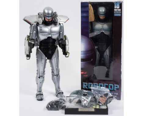 A loose Enterbay 1/4th scale Robocop figure with a small group of accessories:, and a Neca 18 inch Robocop figure (2)