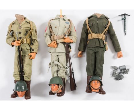 Three Action Man flock hair figures:, comprising US Machine Gunner, American paratrooper and USMC, ( two heads loose) (3).