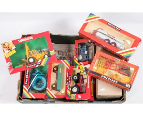 A  boxed group of Britains farm vehicles:, No 9513 Sanderson Fork Lift, No 9574 Front End Loader, No 9547 Hose Drum Irrigator