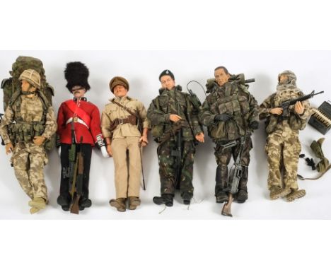 A group of six 1/6th scale military figures:, mainly British Infantry, including a Grenadier Guard, (6) 
