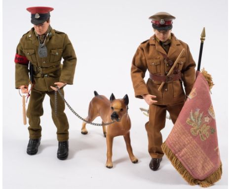 A Palitoy Action Man flock hair Royal Military Policeman with guard dog and a British Army Officer:, (2)