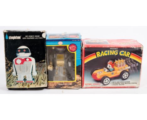 An FET battery operated Panda Racing Car: a battery operated robot, and an AM Robot Radio, all boxed.