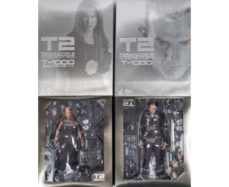 Two Hot Toys /Sideshow 1/6th scale Terminator T2 Judgement Day figures' 'T-1000' and 'T-100 in Sarah Conner Disguise':, (acce