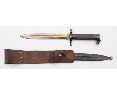 A Swedish Mauser bayonet:, single edged blade over hilt stamped with issue numbers, engine turned grip, together in a steel s