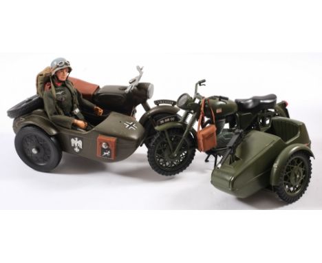 A Palitoy Action Man Army Motorcycle & Sidecar:, together with a Cherilea German Army motorcycle and side car with flock hair