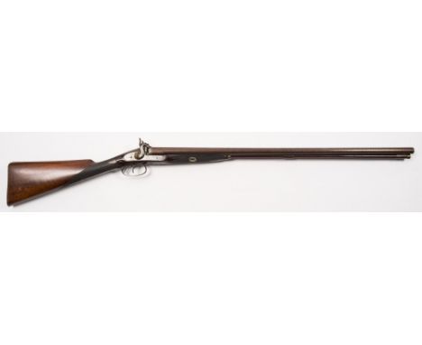A double barrel percussion cap sporting gun by J Richards:, 30 Damascus barrels with plan rib, scroll chased breech and tang,
