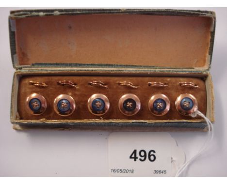 A set of six gilt metal dress studs: with mother of pearl and gilt stitched button centres, contained in a fitted case.