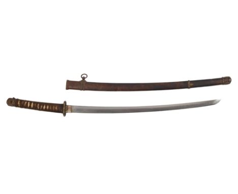 A 19th century katana:, the blade signed to tang, with brass floral decorated tsuba, cord bound  fish skin same with gilt bra