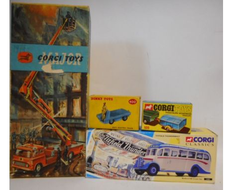 Corgi No 1127 Simon Snorkel Fire Engine: No 109 Pennyburn Workmans Trailer, No 33801 Bedford OB Coach Set and Dinky No 400 BE