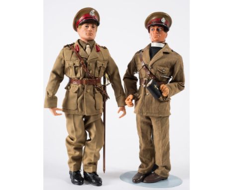 An Action Man flock hair British Army Officer and a later 'Eagle eyes' figure in British Army Chaplin uniform:, (2)