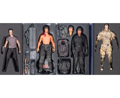 Two Hot Toys 1/6th scale Rambo figures:, together with a Buzzway Universal Soldier and an Enterbay Jean Claude van Damme figu