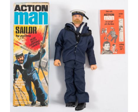 A Palitoy Action Man Sailor:, blonde flock hair and beard in uniform with HMS Ark Royal  hat tallie, with original box. 