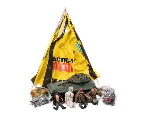 A group of three Palitoy flock hair Acton Man figures and accessories,: together with one other figure (minus head) a Scorpio
