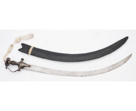 A 19th century Talwar:, of traditional form, curved single edged blades, cross hilt with single guard and disc pommel in a wo