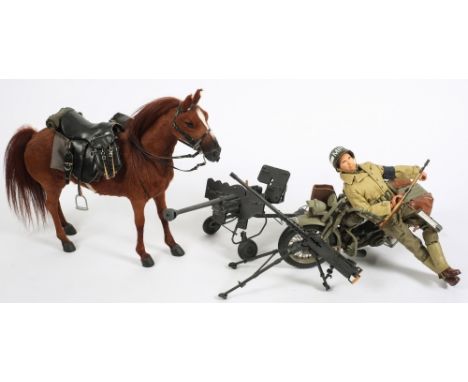 Hasbro and others, a 1/6th scale model of a WWII American MP on motorbike:, together with a Did Corp model of a horse , a mac
