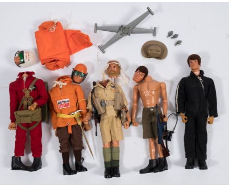 A group of five Action Man figures:, Long Range Desert Group, Red Devil, Mountaineer, Australian Jungle fighter and Atomic Ma
