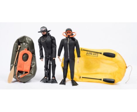 Two Action Man flock hair figures in scuba diving suits: with dog tags, together with a yellow life raft and one other inflat