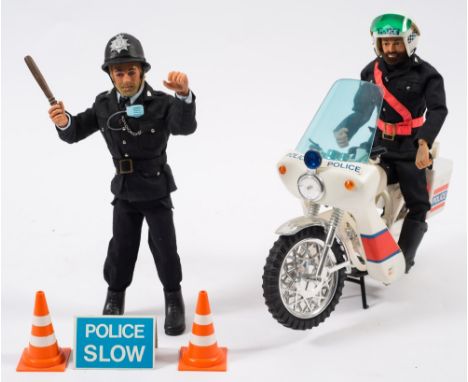 A Palitoy Action Man flock hair Police patrolman together with a Police motorcycle and one other flock hair Policeman:, both 