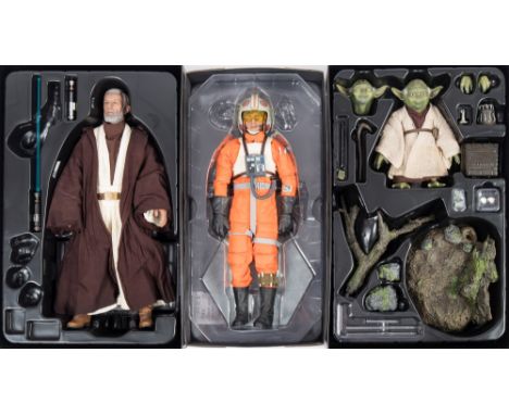 Two Hot Toys 1/6th scale Star Wars figures 'Yoda' (appears complete) and 'Obu Wan Kenobi':, together with a sideshow 1/6th  f