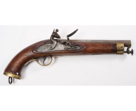 An early 19th century flintlock pistol signed London:,  the plain 9 inch  barrel with proof marks and stirruped ramrod, signe