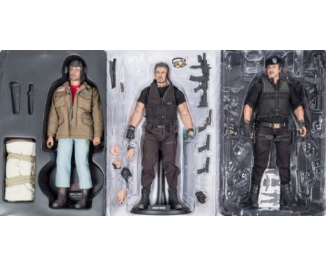 Two Hot Toys 1/6th scale Expendables 'Barney Ross' figures and a First blood 'John J Rambo M65 Jacket Version' figure :, (acc