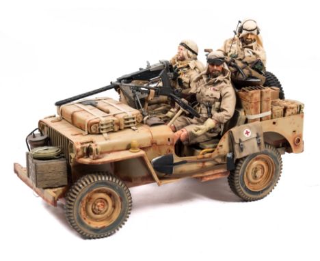 A Hasbro 1/6th scale model of a WWII Willys Jeep in British SAS/LRDG Desert Raid configuration:, with three figures  and equi