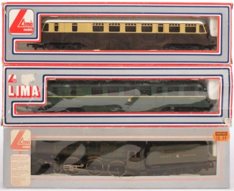 Lima, an OO/HO gauge  railcar in GWR cream and brown, livery: a  railcar in BR green livery and a 4-6-0 locomotive No 6000 'K