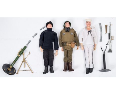 Three Action Man painted hair figures:,  Support Weapons with motar and machine gun, Sailor and one other in black uniform,  