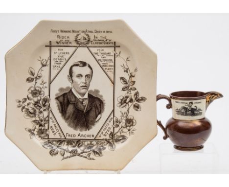 A Wallis & Gimson commemorative plate for Fred Archer: of octagonal form and printed in black with a portrait of the jockey t