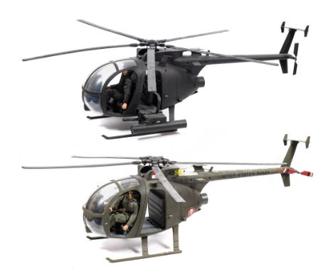 Two 1/6th scale model attack helicopters with three pilot figures:,  ( a lot)