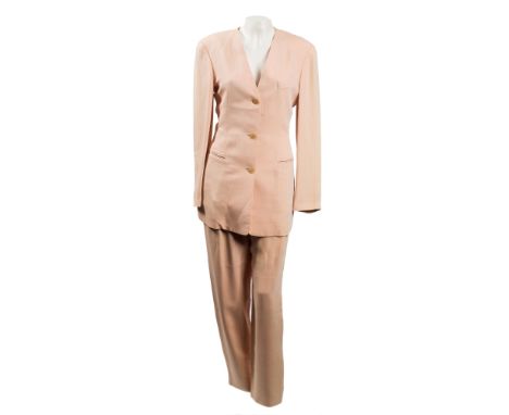 A lady's Ralph Lauren blue wool jacket :, size 8, an Emporio Armani pink two piece trouser suit, an Escada black and white wo